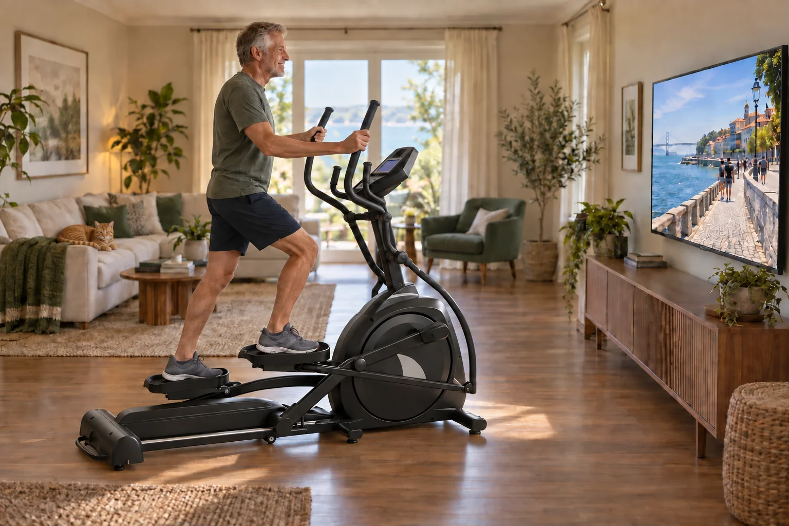 A man holds both moving handles of a front-drive elliptical trainer while facing a large screen across the room.