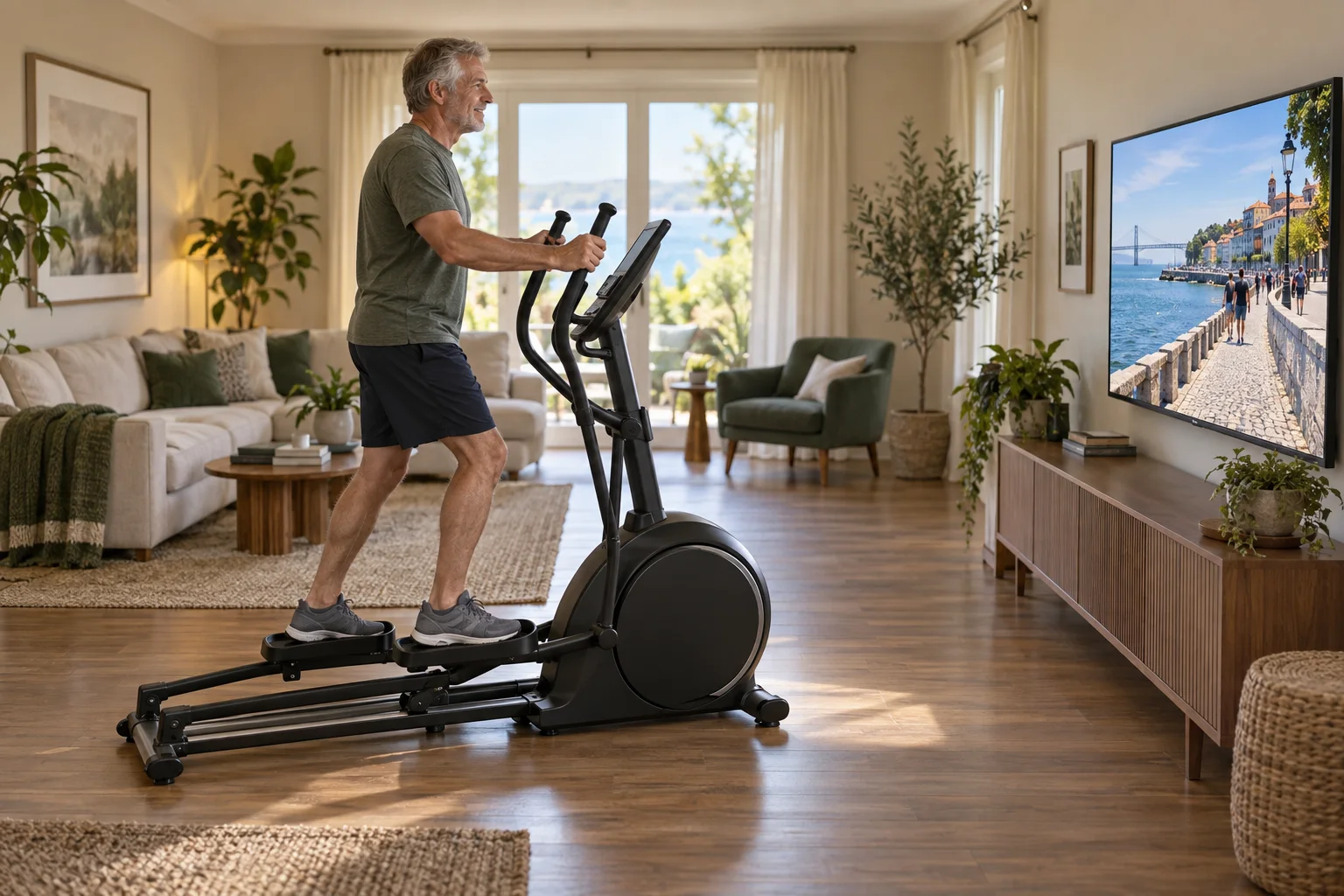 A man holds both moving handles of a front-drive elliptical trainer while facing a large screen across the room.