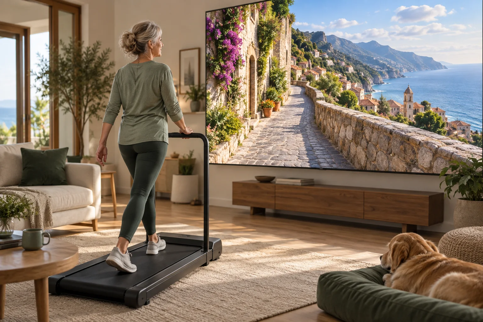 A woman walks on a walking pad while watching a coastal route on a large screen.